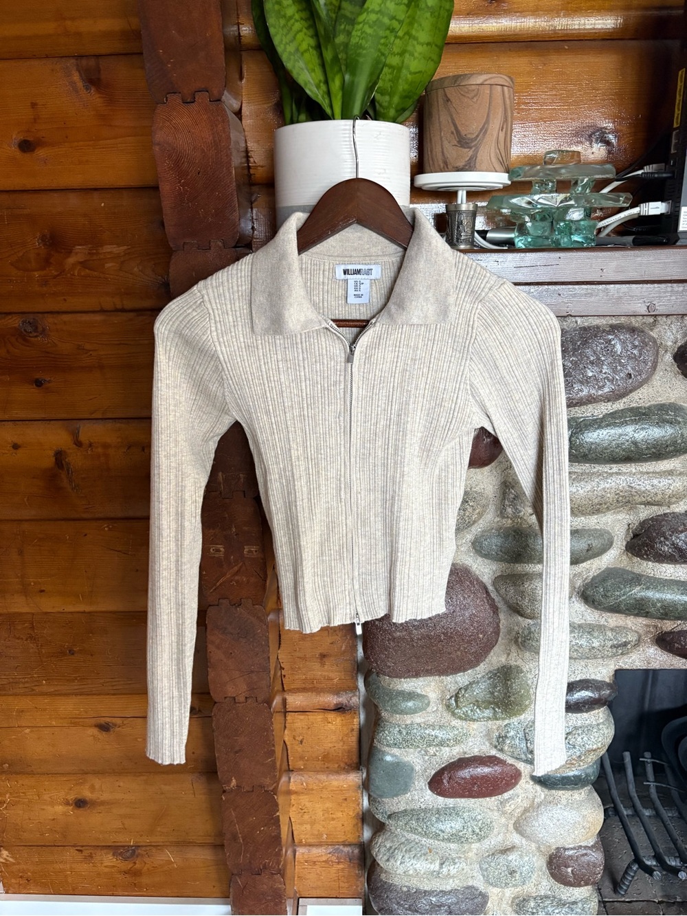 William Rast Ribbed Zip Front Sweater Top Beige Y2K Quiet Luxury Small - Picture 2 of 6